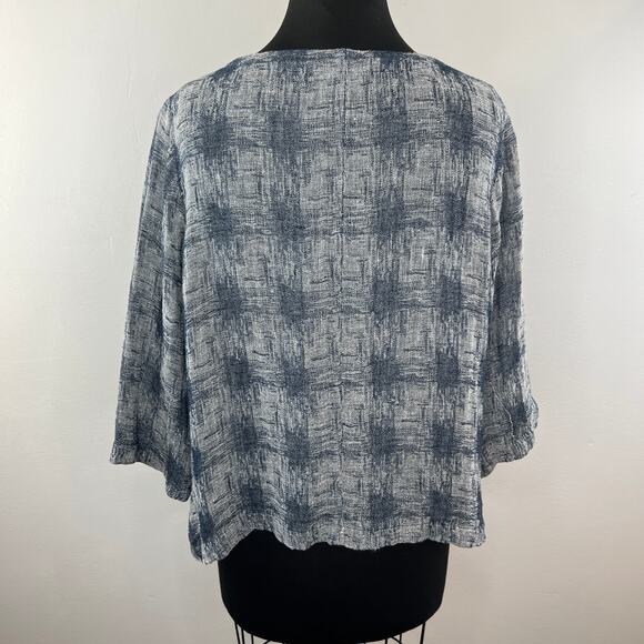 PURE J Jill Gray Checked Split V-Neck 3/4 Sleeve Linen Blend Blouse Petite M PM - Picture 4 of 6